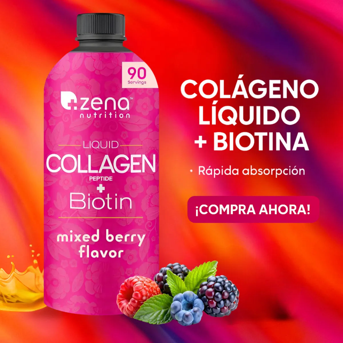 Colageno Liquido Zena Con Biotina Para Bienestar Diario Colágeno + Biotina 2500 Mg Frutos Rojos - Imagen 3