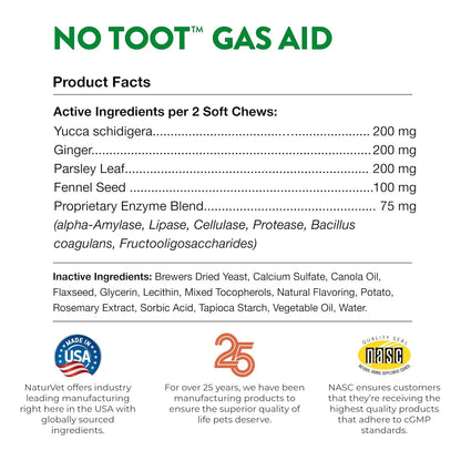 Suplemento Para Perros Sin Gas Con Hinojo 70 Masticables Sua NaturVet Alivia Gases Y Malestar