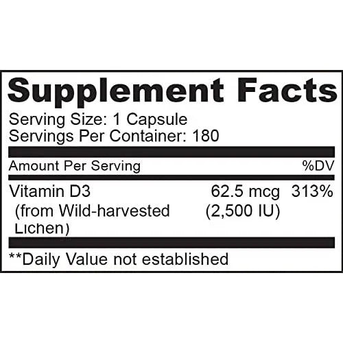 Vitamina D3 Vegana 2500 UI Líquenes 180 Cápsulas Salud Ósea E Inmunidad