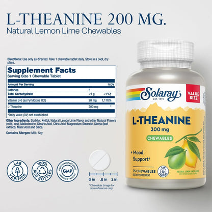 Teanina 200 Mg Con Vitamina B6 Sabor Limon Lima 60 Tabletas Masticables Solaray