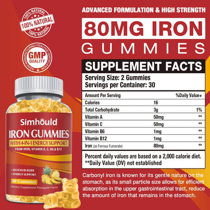Gomitas De Hierro 80 Mg Con Vitaminas A C B Para Energía Y Vitalidad