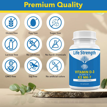 Vitamina K2 Mk7 Y D3 25000 Ui Extra Fuerte Facil De Tragar Sin Omg