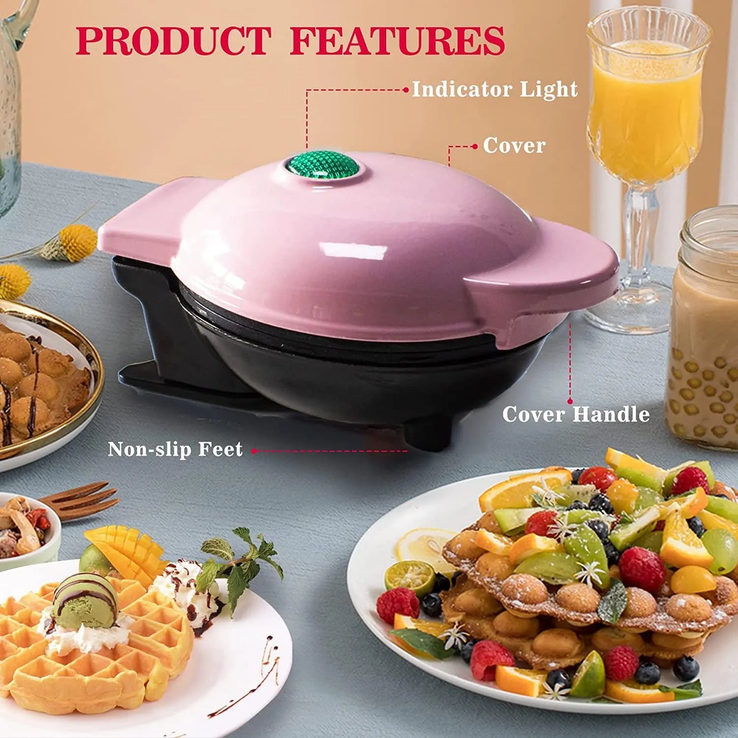 Mini Maker Waffle Maker Oblea Antiadherente 5 Pulgadas Multiusos Rosa