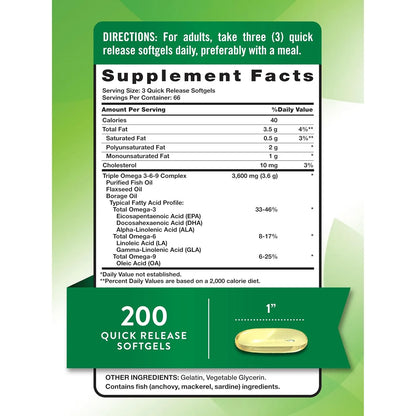Nature's Truth Omega 3 6 9 3600 Mg 200 Capsulas Aceites Pescado Lino Borraja