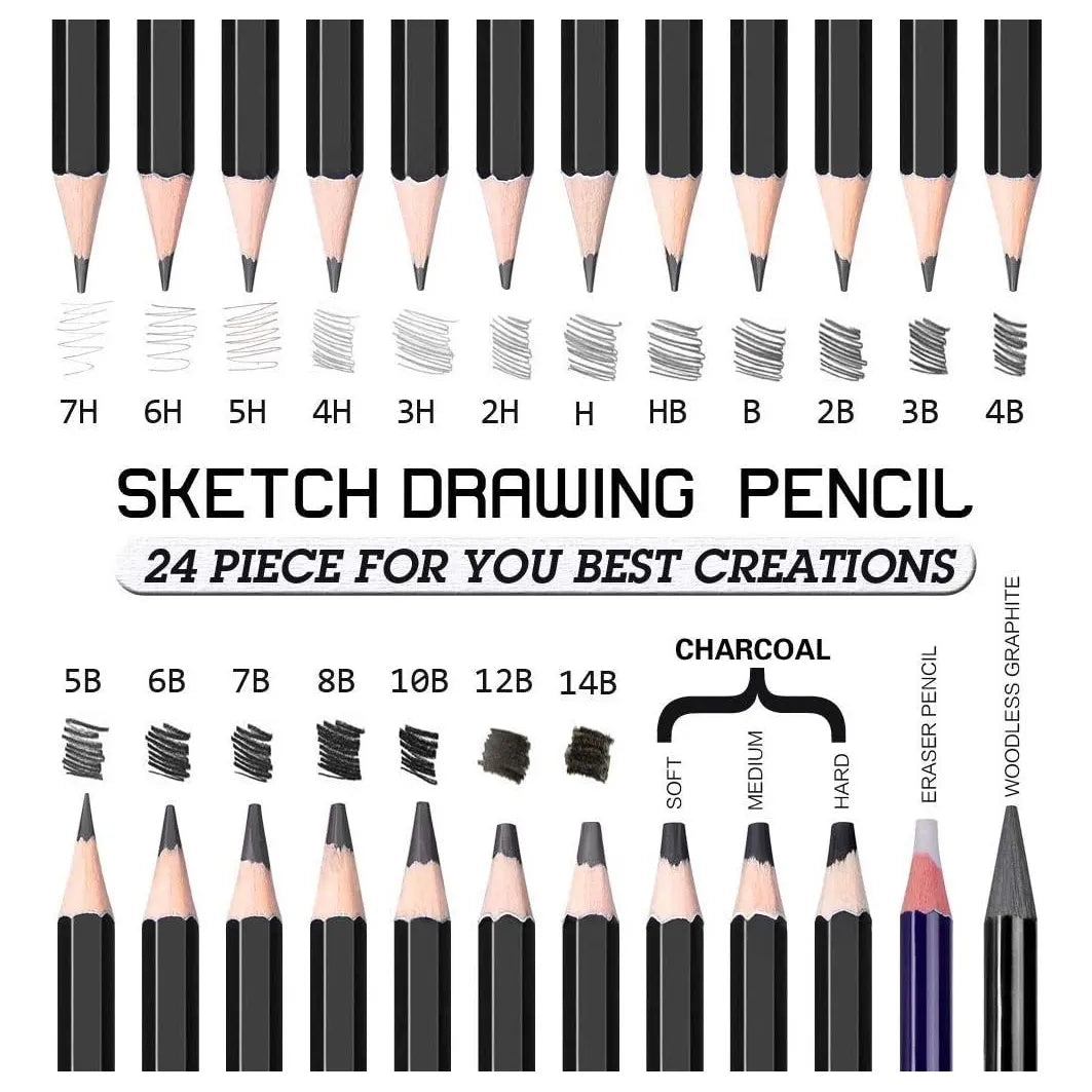 Set De Lapices Para Dibujo 24 Piezas Profesional Con Carbon Y Borrador