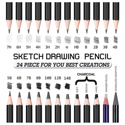 Set De Lapices Para Dibujo 24 Piezas Profesional Con Carbon Y Borrador