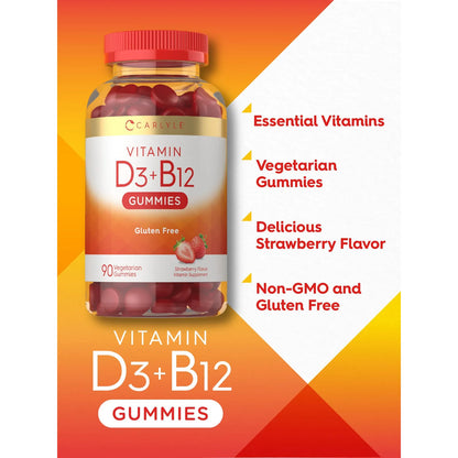 Gomitas De Vitamina D3 Y B12 Sabor Fresa 120 Unidades Suplemento Natural Vegetariano