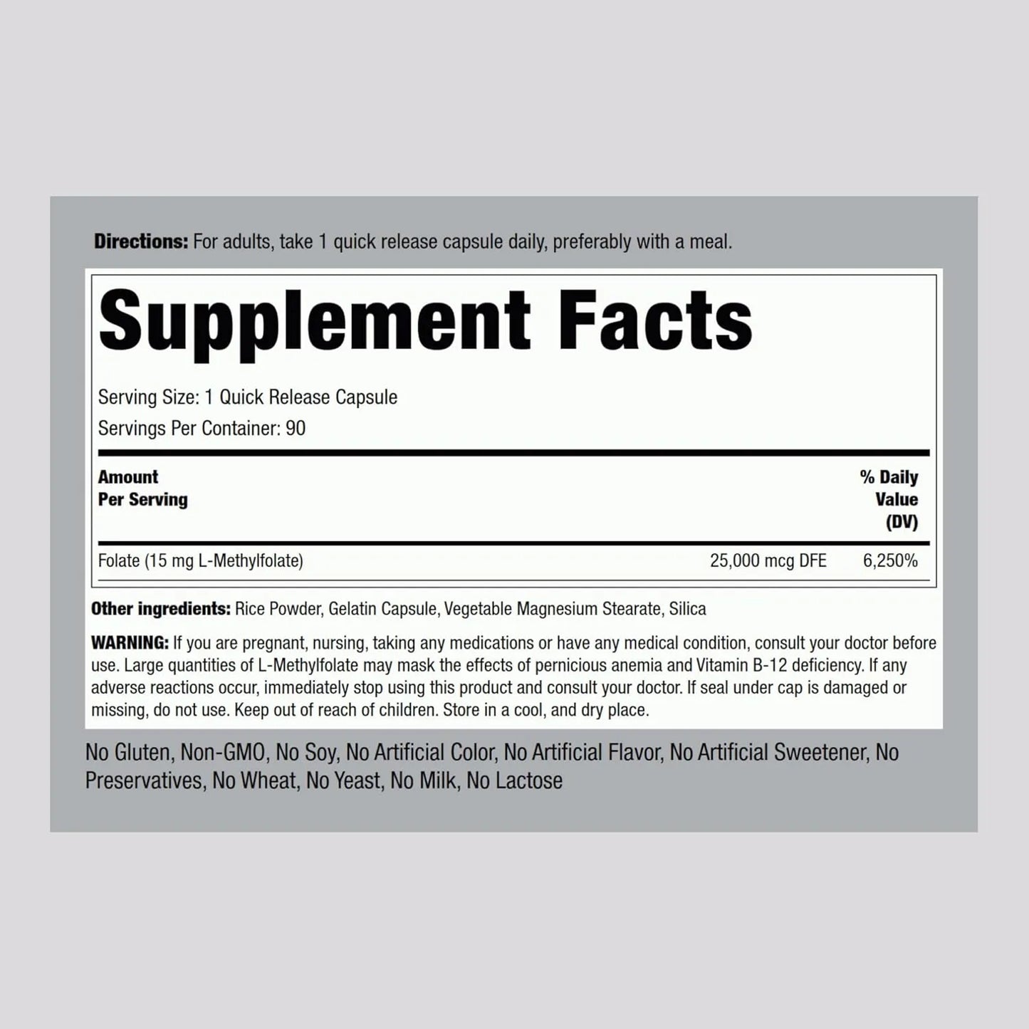 L Metilfolato 15 Mg 90 Capsulas Suplemento Activo De Acido Folico Sin Omg Sin Gluten