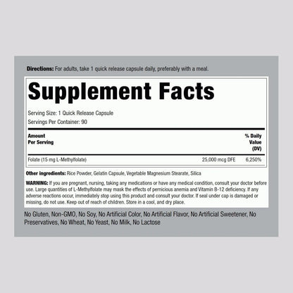 L Metilfolato 15 Mg 90 Capsulas Suplemento Activo De Acido Folico Sin Omg Sin Gluten