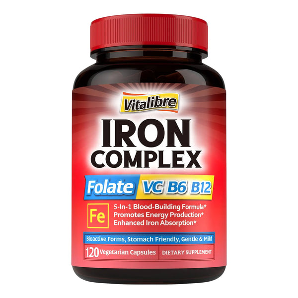 Suplemento De Hierro Con Vitaminas C B6 B12 Y Folato 120 Cápsulas Veganas