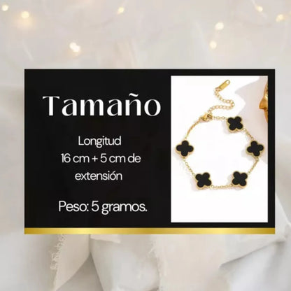 Elegante Pulsera Negra Trébol Cuatro Hojas Regalo Joyeria - Imagen 10