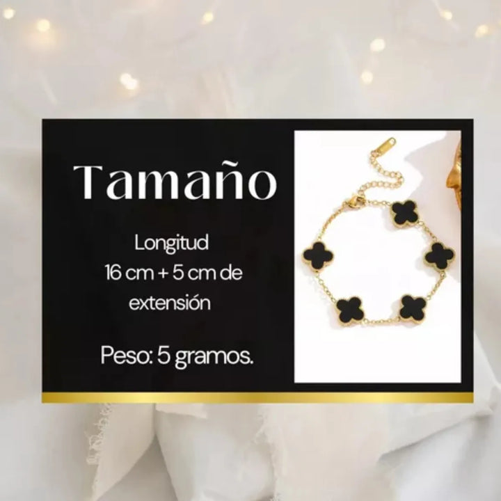 Elegante Pulsera Negra Trébol Cuatro Hojas Regalo Joyeria - Imagen 10