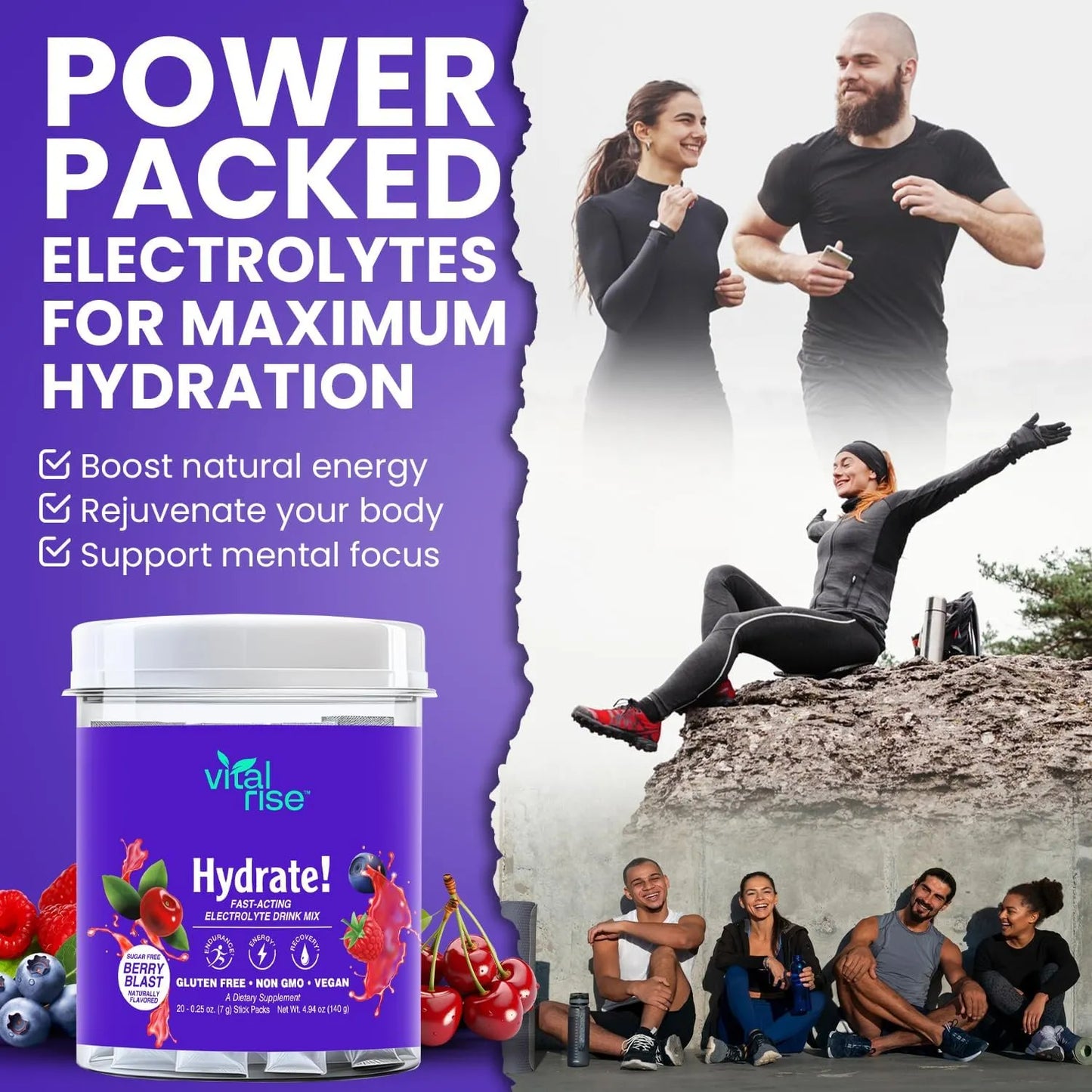 Vital Rise Hydrate Berry Blast Polvo Electrolitos Bajo Sodio 20 Sobres