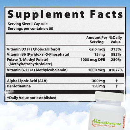 NerveReverse Neuropatía Support Formula Ácido Alfa Lipoico 600 Mg Benfotiamina Vitaminas B12 B6 D3 Vegano 60 Cápsulas