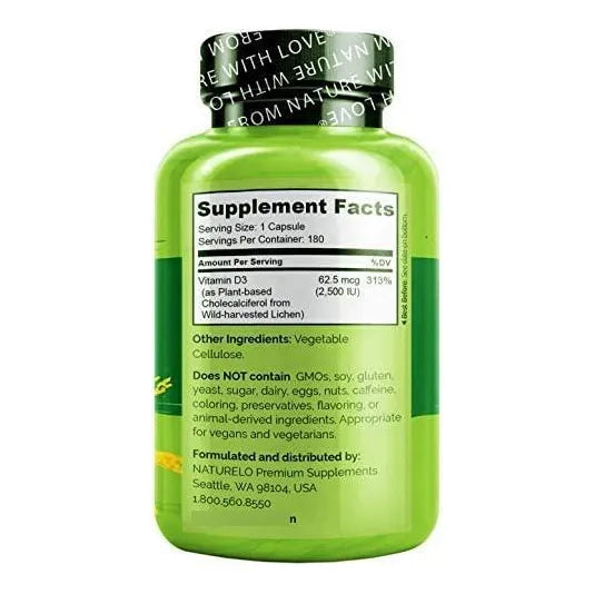 Vitamina D3 Vegana 2500 UI Líquenes 180 Cápsulas Salud Ósea E Inmunidad