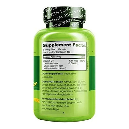 Vitamina D3 Vegana 2500 UI Líquenes 180 Cápsulas Salud Ósea E Inmunidad