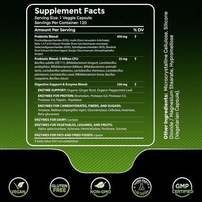 Enzimas Digestivas Con Probióticos Y Prebióticos 450 Mg 5 Mil Millones UFC Mejora Tu Digestión Y Salud Intestinal