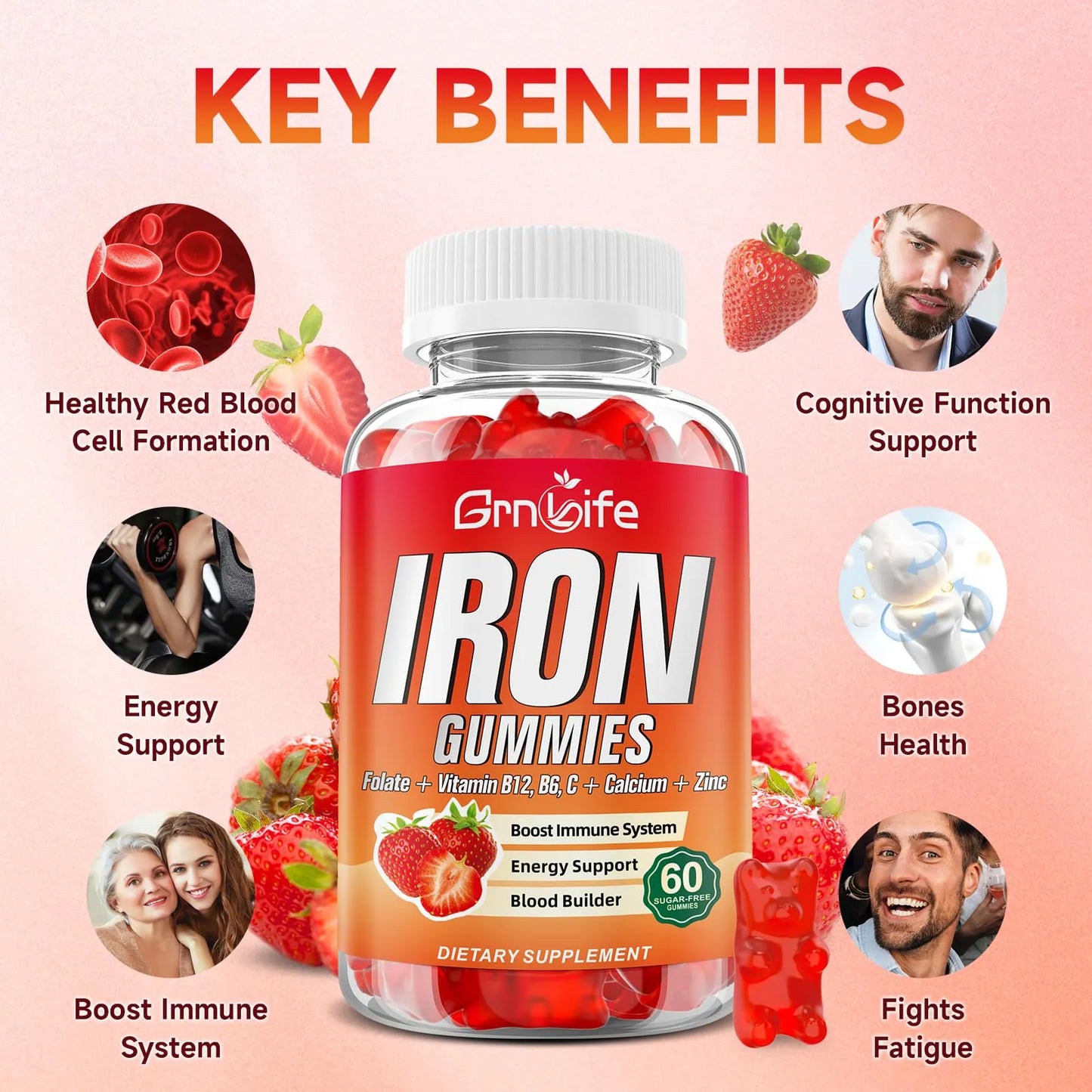 Gomitas De Hierro Fresa Con Calcio Zinc Folato Y Vitamina B12 Para Energia Y Anemia 60 Unidades