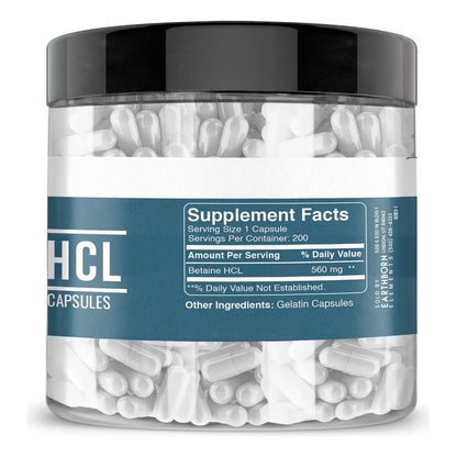 Betaína HCL 200 Cápsulas Puro Sin Aditivos Apoyo Digestivo