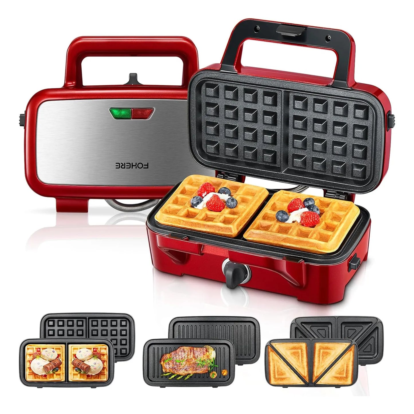 Waffle Maker 3 En 1 FOHERE 1200W Placas Desmontables Antiadherentes