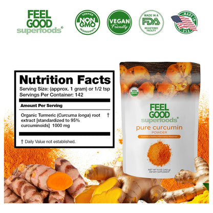 Feelgood Organic Superfoods Polvo De Curcumina Pura Orgánico Sin OMG Vegano 5 Onzas