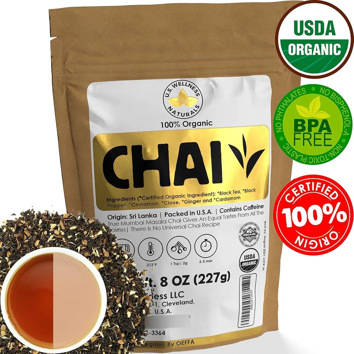 Té Chai Clásico Hoja Suelta Ceylon 110 Tazas Orgánico Certificado USDA