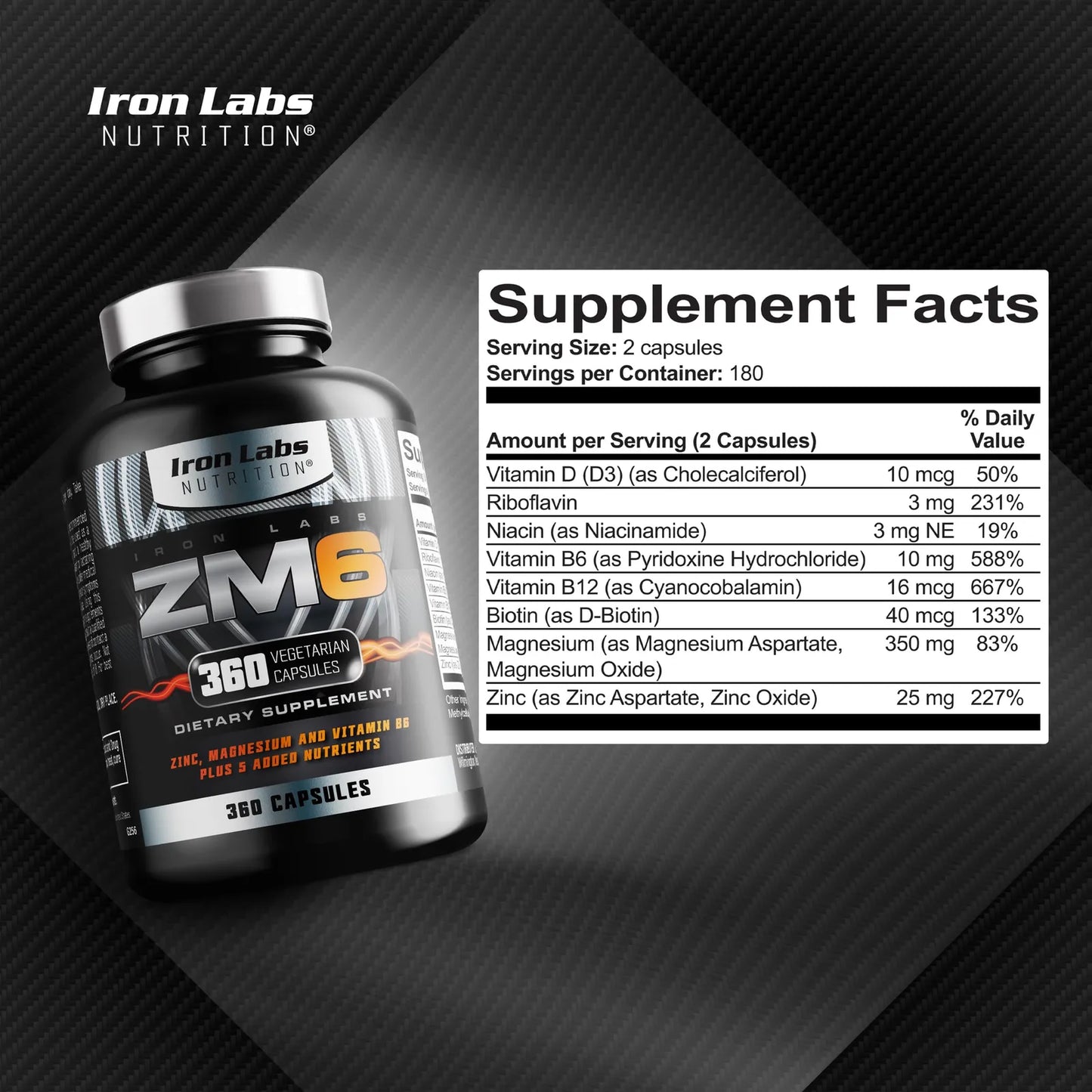 Iron Labs ZM6 Suplemento De Zinc Magnesio Y B6 360 Capsulas 6 Meses