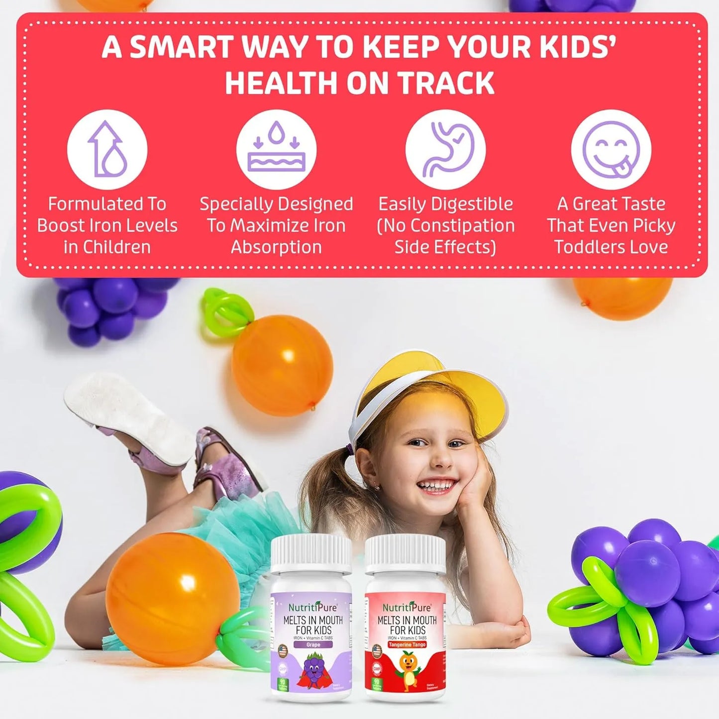 Tabletas Masticables De Hierro Sabor Uva Para Niños 9 Mg Con Vitamina C 90 Unidades