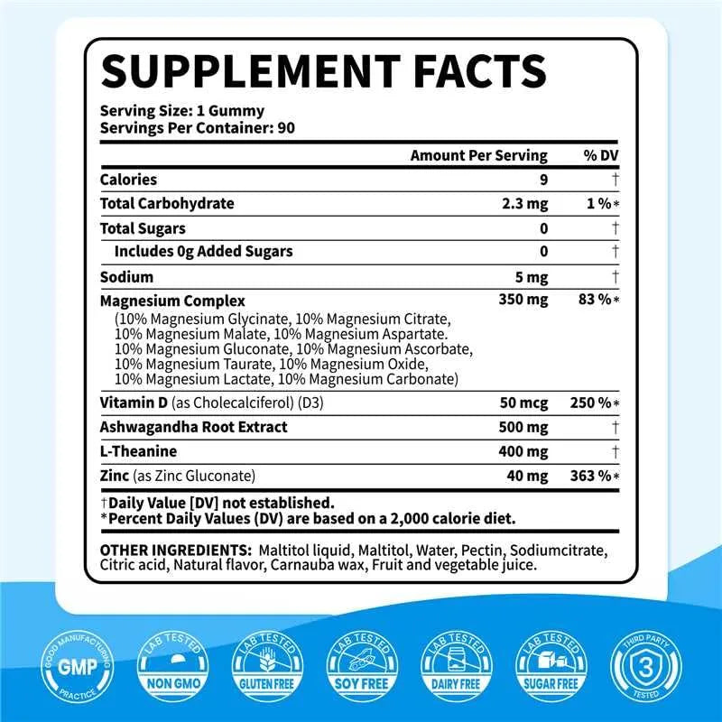 Gomitas De Glicinato De Magnesio Con Ashwagandha 10 Tipos Vitamina D3 Zinc