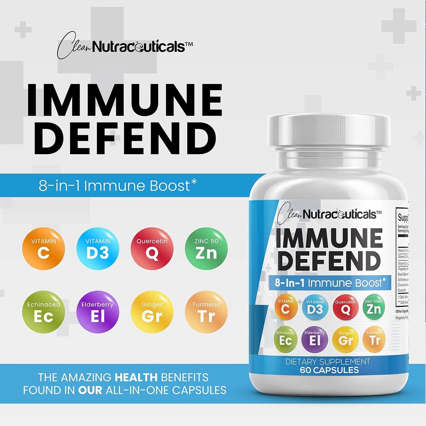 Suplemento Defensa Inmune 8 En 1 Con Zinc Quercetina Vitamina C D3 Saúco 60 Caps