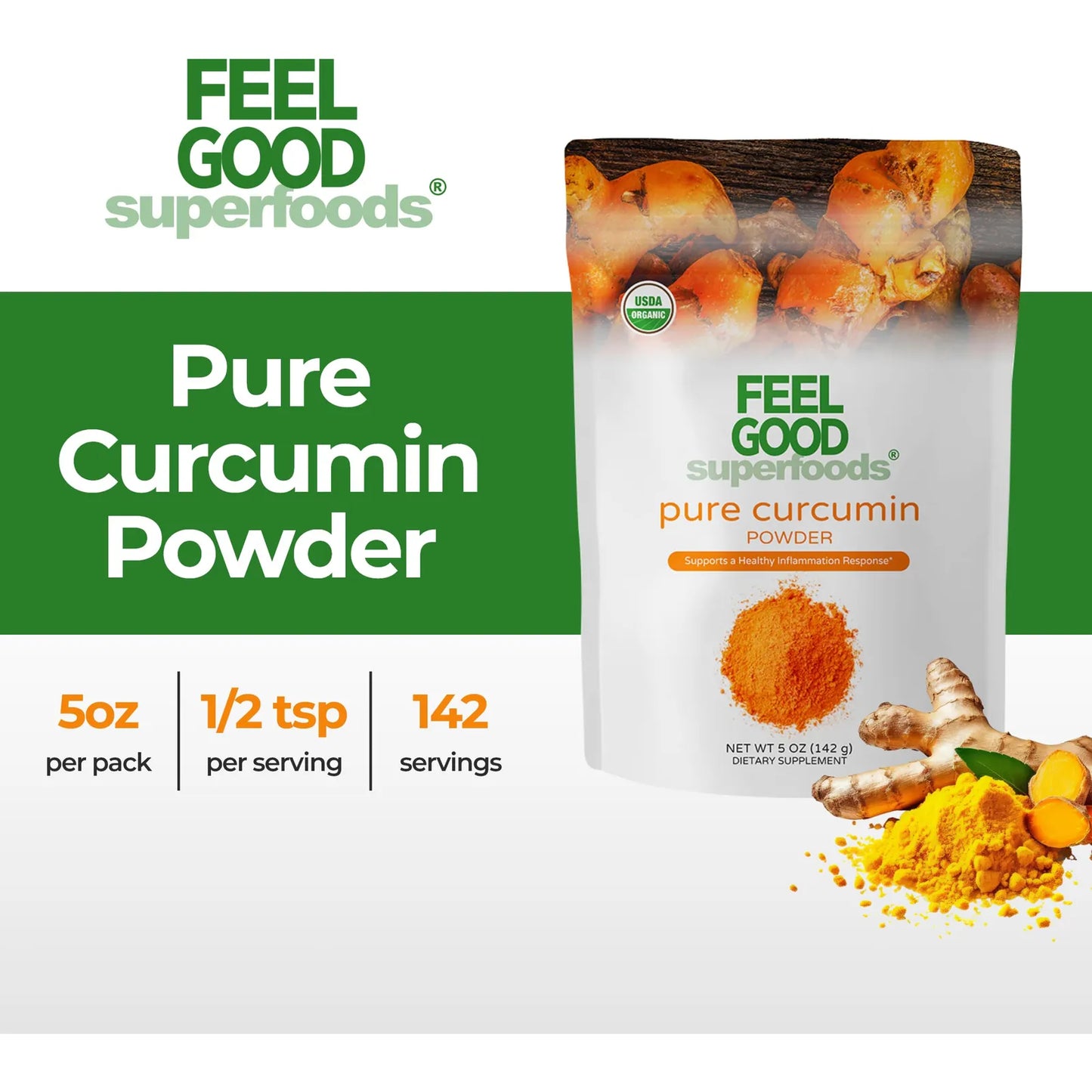 Feelgood Organic Superfoods Polvo De Curcumina Pura Orgánico Sin OMG Vegano 5 Onzas