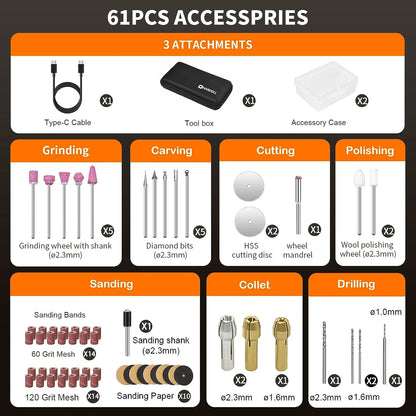 Kit Herramientas Rotativas Inalambricas 5 Velocidades 61 Accesorios Usb