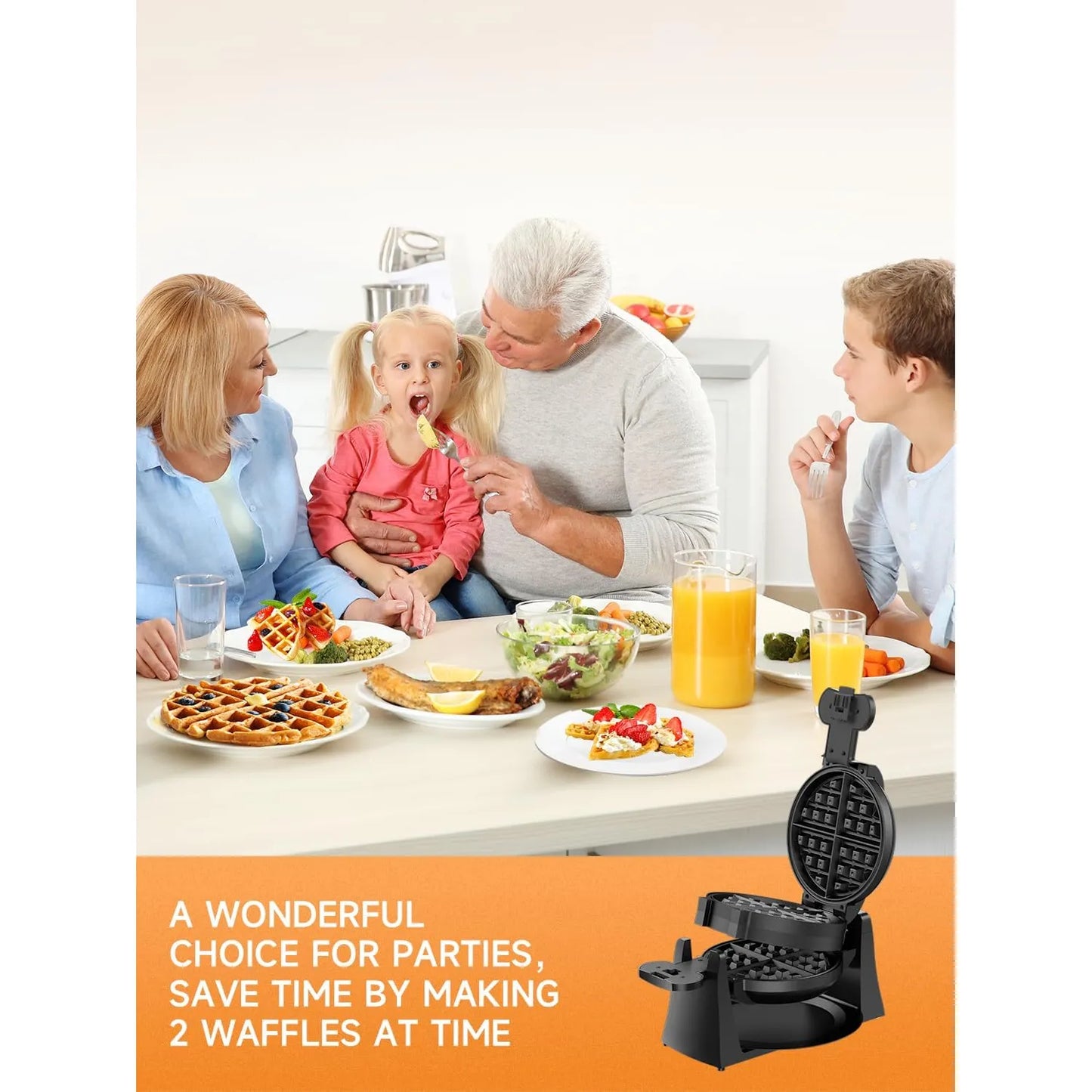 Máquina Gofrera Doble 1400W Placas Giratorias Antiadherentes 8 Gofres 6 Min