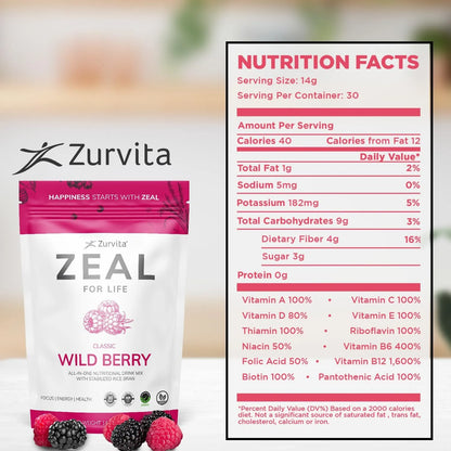 Frutos Silvestres Zeal For Life Lata 30 Dias Bienestar 14.8 Oz Energia Y Salud
