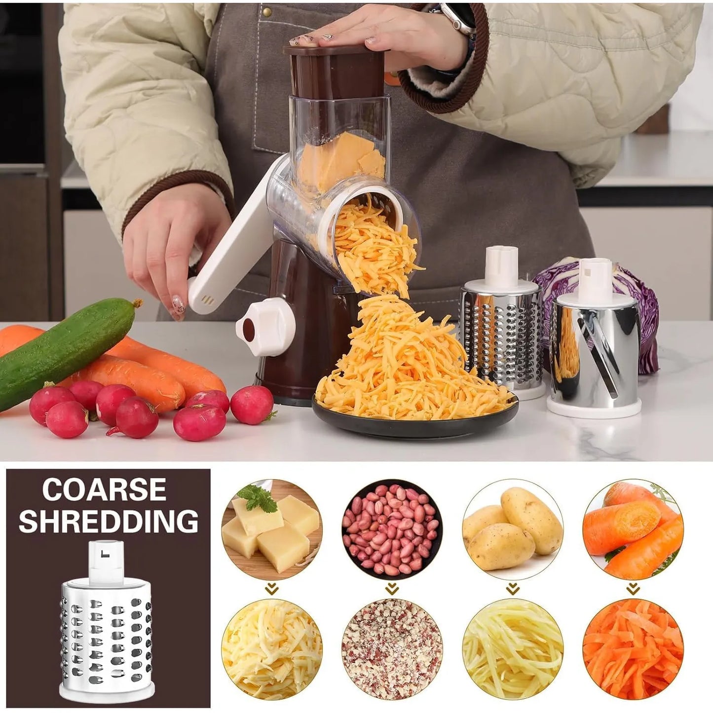 Rallador Rotativo De Queso Y Verduras Con Base Antideslizante Y 3 Cuchillas