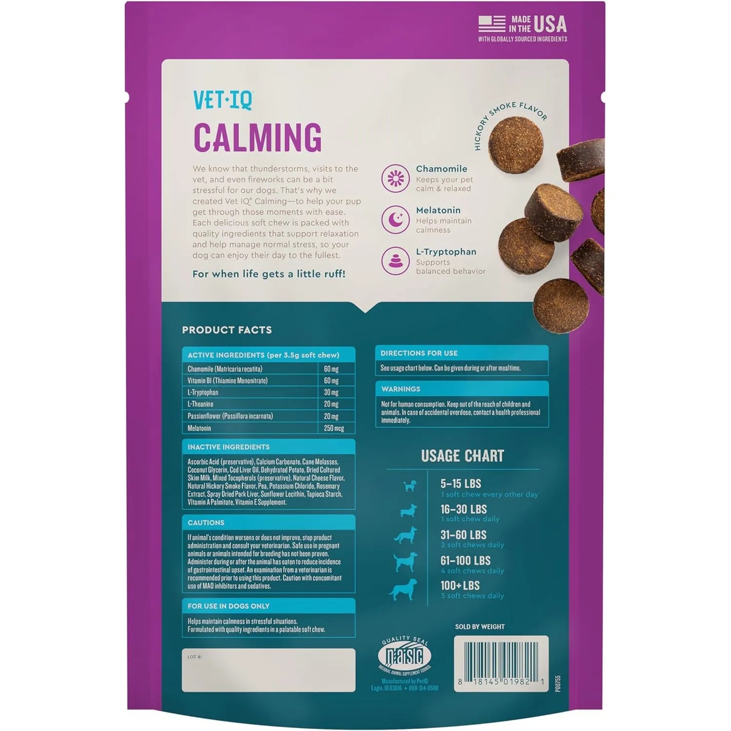 Masticables Calmantes Para Perros Alivio Estrés Y Ansiedad VetIQ 60 Unidades