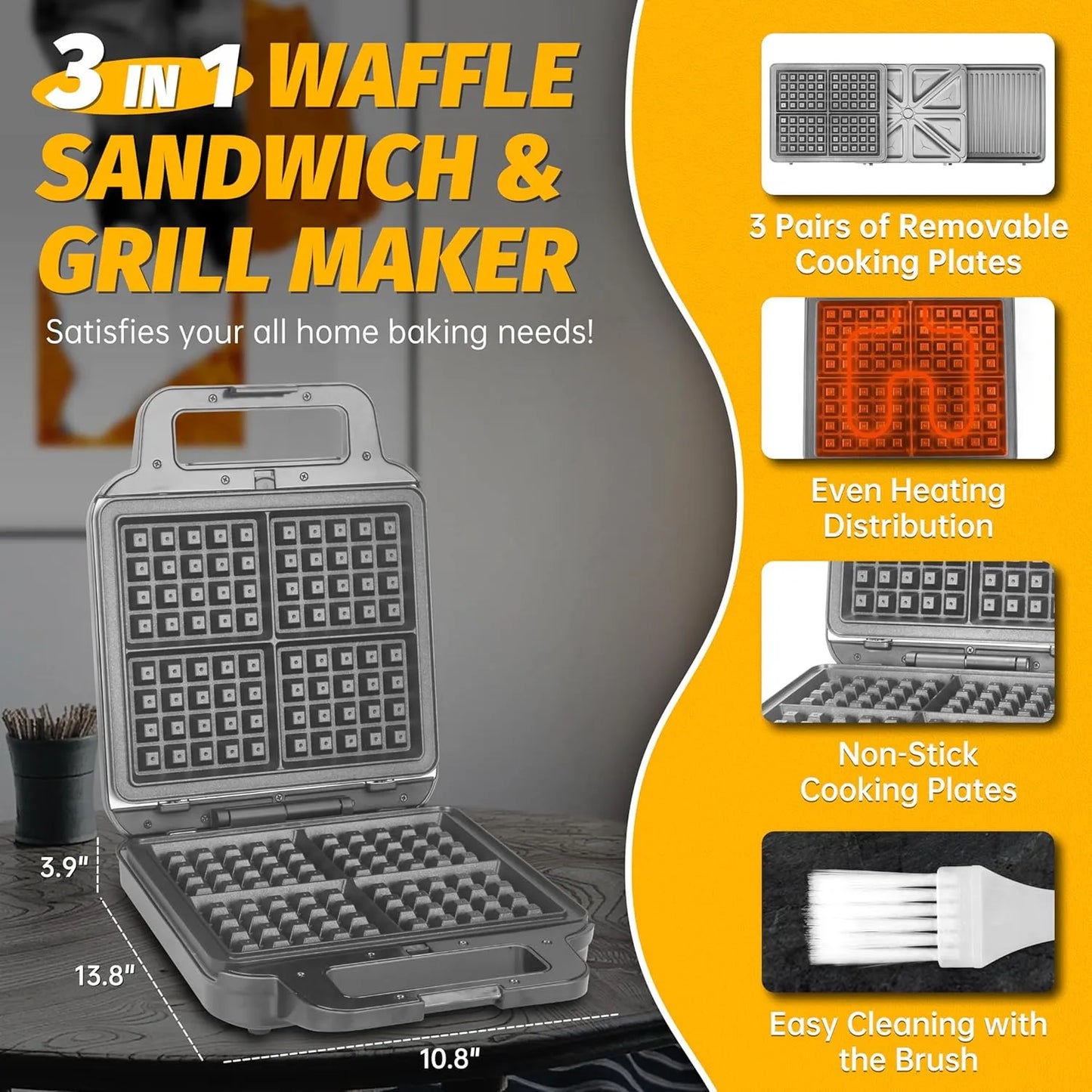 Waflera Electrica 3 En 1 Con Placas Extraibles Parrilla Y Sandwichera