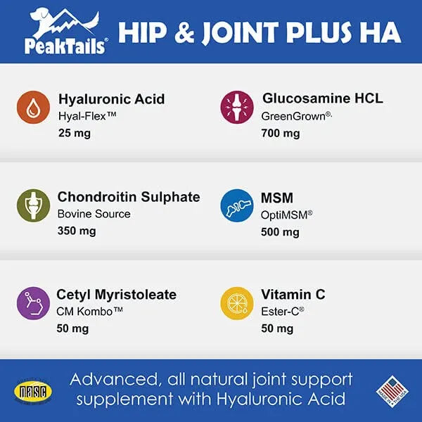 PeakTails Hip Joint Plus HA Para Perros 90 Tabletas Salud Articular Glucosamina MSM