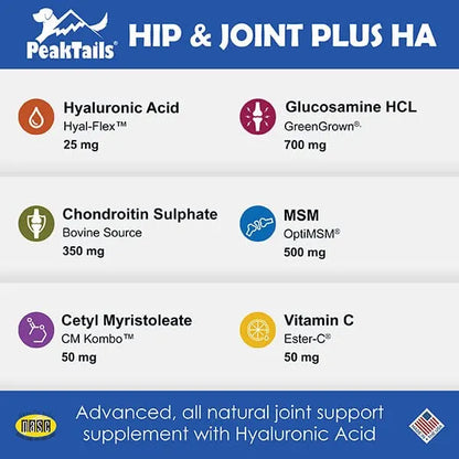 PeakTails Hip Joint Plus HA Para Perros 90 Tabletas Salud Articular Glucosamina MSM