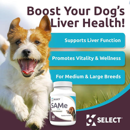 K9 Select SAM-e Para Perros Pequeños Y Medianos 60 Tabletas 90 Mg Suplemento Hepático Y Articular