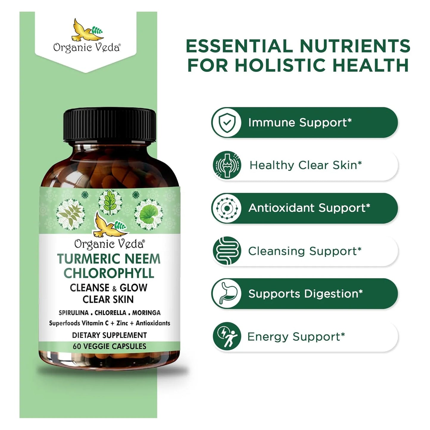 Capsulas Organic De Neem Y Curcuma Con Vitaminas Y Verdura Piel Clara Y Salud Intestinal