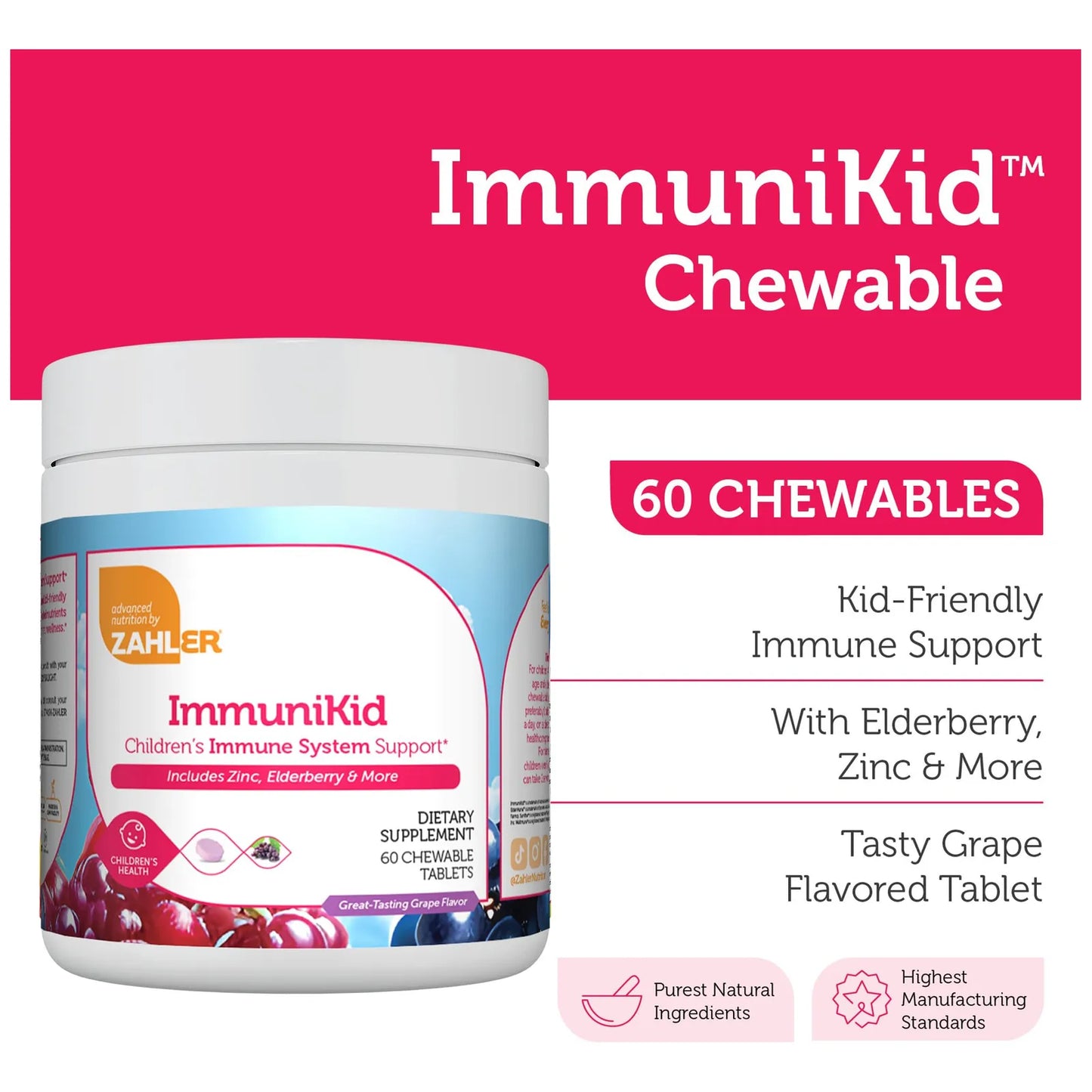 Suplemento ImmuniKid Saúco Zinc Vitaminas C D3 A Tabletas Masticables Sabor Uva Niños