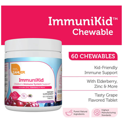 Suplemento ImmuniKid Saúco Zinc Vitaminas C D3 A Tabletas Masticables Sabor Uva Niños