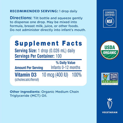 Vitaminas D Orgánicas Para Bebés 3.25 Ml Promueve Crecimiento Saludable