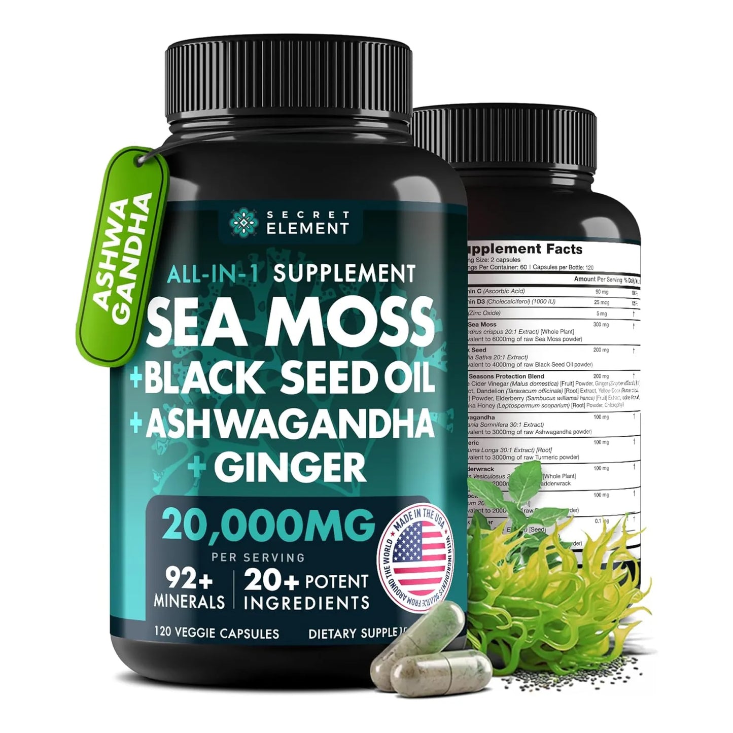 Aceite De Semilla Negra Musgo Marino Ashwagandha Jengibre 120 Cápsulas 20000 Mg