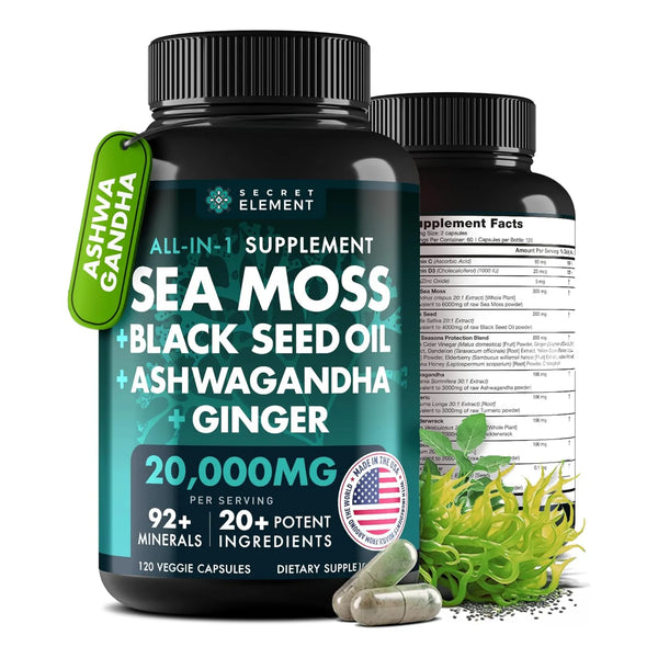 Aceite De Semilla Negra Musgo Marino Ashwagandha Jengibre 120 Cápsulas 20000 Mg