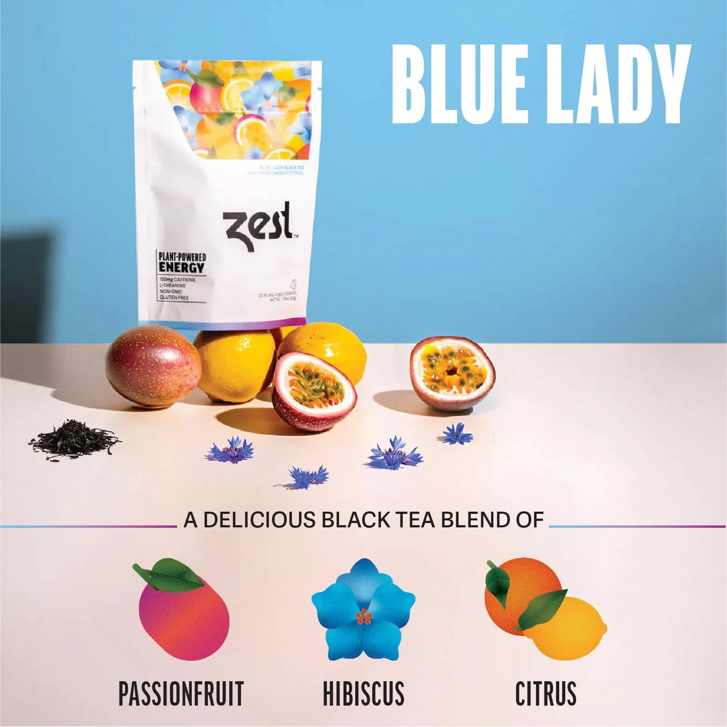 Mezcla Energética De Hojas 150 Mg Café Saludable 20 Bolsas Té Negro Blue Lady