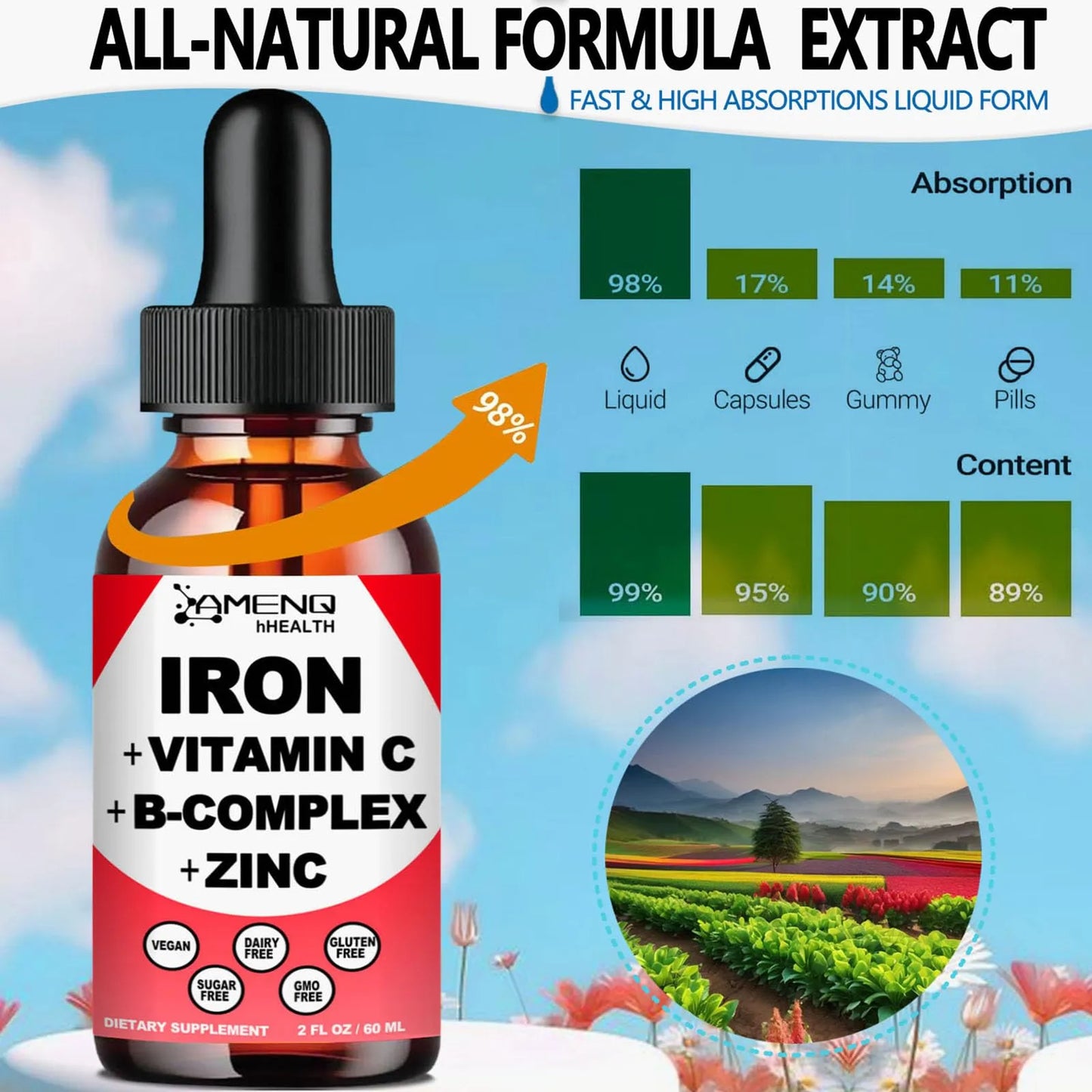 Suplemento De Hierro Líquido Con Vitaminas C A Y B Vegano Sabor Fresa