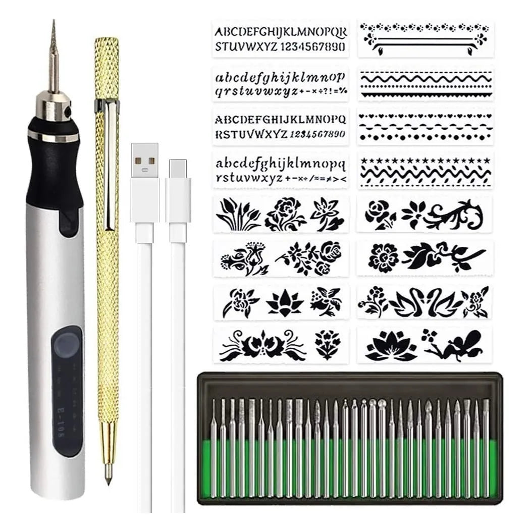 Lapiz Grabador Electrico Recargable 30 Puntas 16 Plantillas Kit Profesional