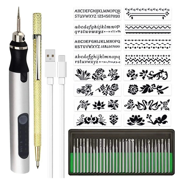 Lapiz Grabador Electrico Recargable 30 Puntas 16 Plantillas Kit Profesional